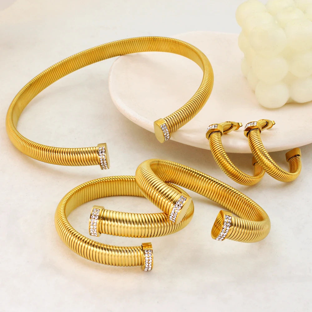 High Quality Cross Cuff Stainless Steel Jewelry Set Personalized Spiral Texture 18K Gold Plated Arm Neck Bijoux Waterproof