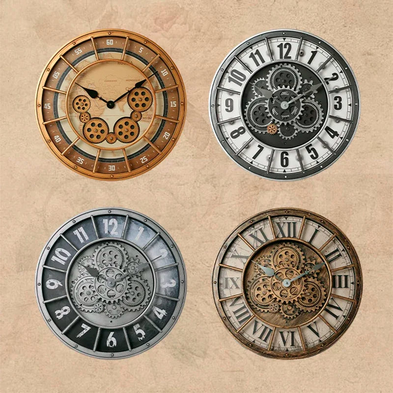 Retro Industrial Roman Wall Clock Gear Rotation Clock Living Room Decorative Wall Clock Stylish Silent Wall Clock Quartz Clock