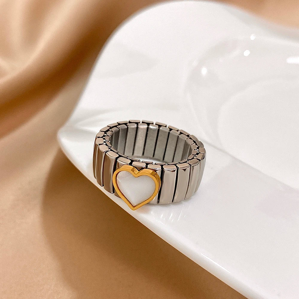 Greatera Elastic Force Stainless Steel Women's Ring Heart Pattern Fashion Colorfast Wide Design Valentine's Day Gift Jewelry