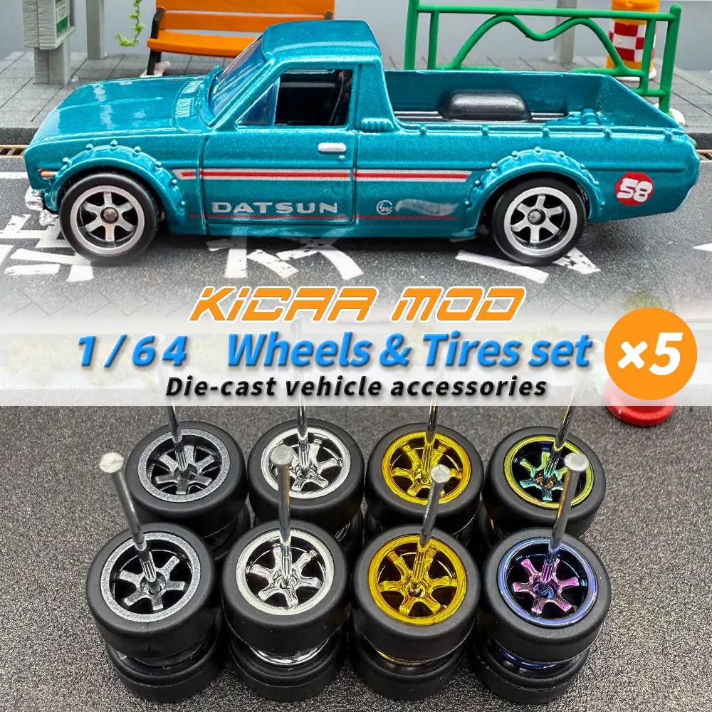 1/64 Model Q Car Wheels with Detachable Slicks Rubber Tires for Toy Model Diecast Cars Refiting Parts for MINIGT  (5 Cars)