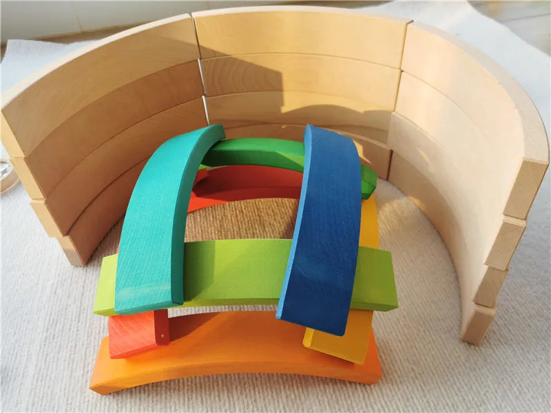 New Beech Wood Arch Stacking Blocks Rainbow Bending Wooden Building Timber Toys Set for Kids Creative Play