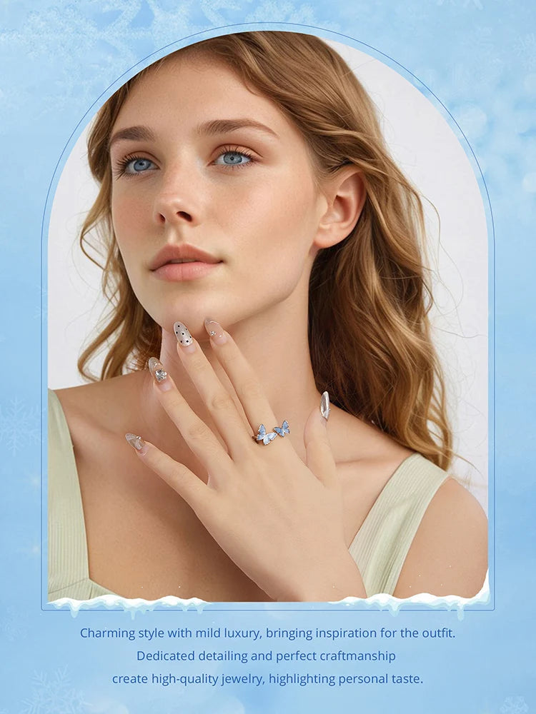 Bamoer 925 Sterling Silver Original Blue Butterfly Ring Lilac Flower Earrings for Women Jewelry Set Anniversary Engagement Gift