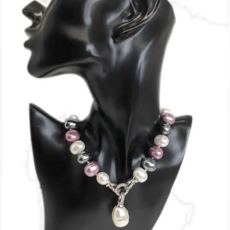Luxury Style Cultured 12-15m White Potato Freshwater Pearl Necklace Cz Pave Shell Pearl Pendant Wedding