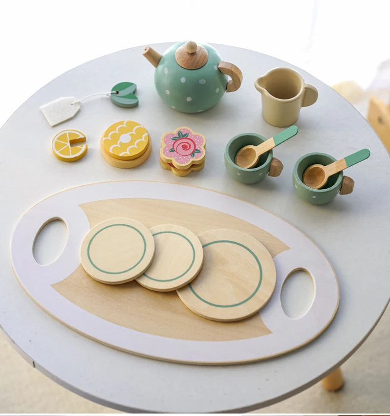 Kids Wooden Tea Set Play House Pretend Make Tea Play With Teapot Teacup Afternoon Snack Role Playing Toys Boys Girls Gift