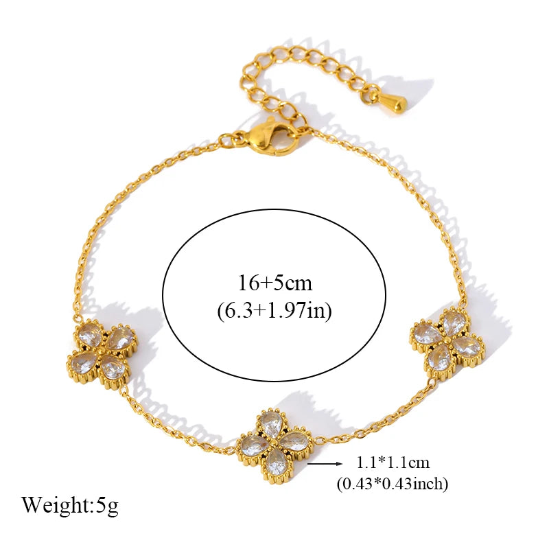 GANEMLY Stainless Steel  Sparkling White Zircon Flower Necklace Bracelet Earrings Set For Women Trendy Waterproof Jewelry Gift