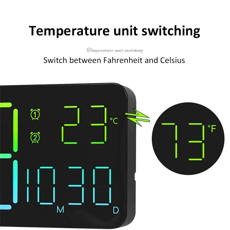 13" Large Digital Alarm Clock with Remote Control 11Color & Dynamic RGB Display LED Multicolor Ambiance Wall Clocks  Room Decor