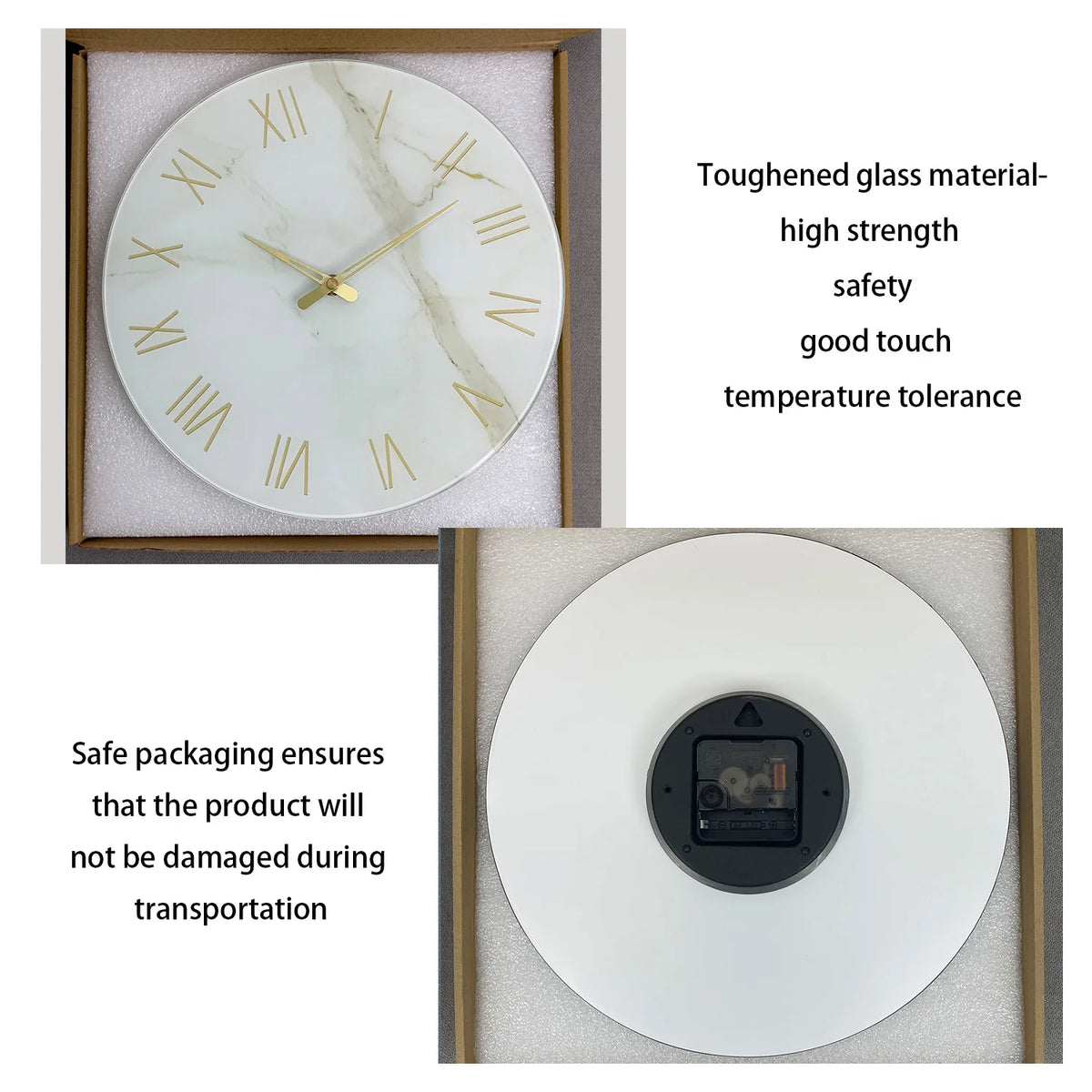 1pc 12 inch tempered glass wall clock, modern simple white marble texture gold Roman numerals design wall clock, home mute clock