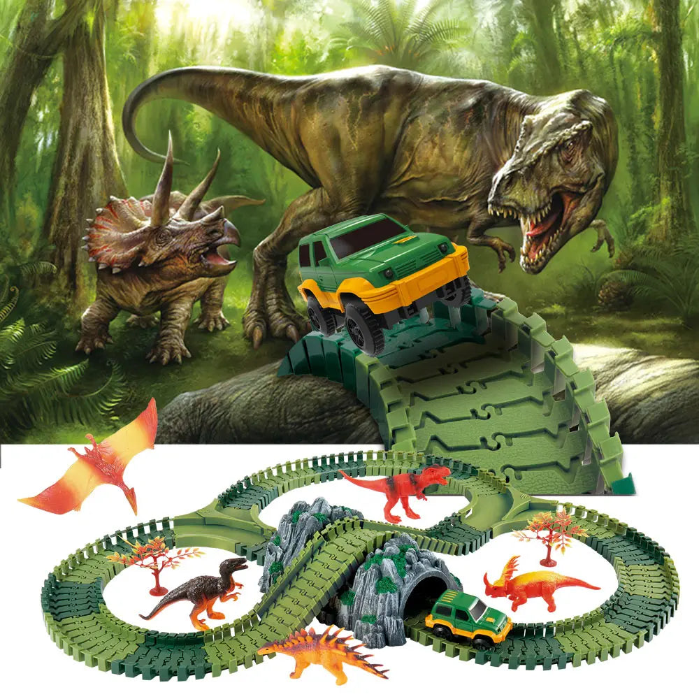 Dinosaur Railway Car Kids Track Racing Track Toys Set Bend Flexible Race Track Flash Light Car Educational Toys for Kids Gifs