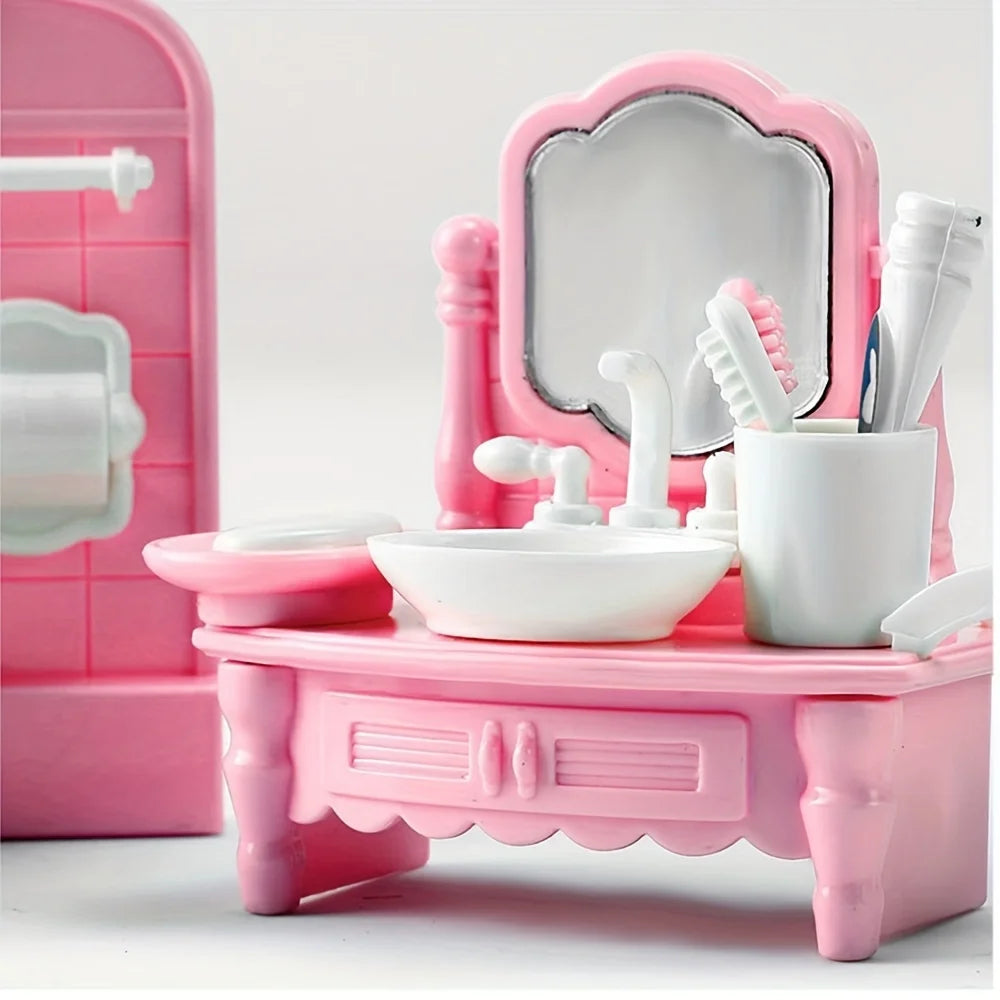 Pink Miniature Dollhouse Furniture Accessories Set Mini House Furniture Room Collection with Bedroom Living Room Kitchen Bathrom