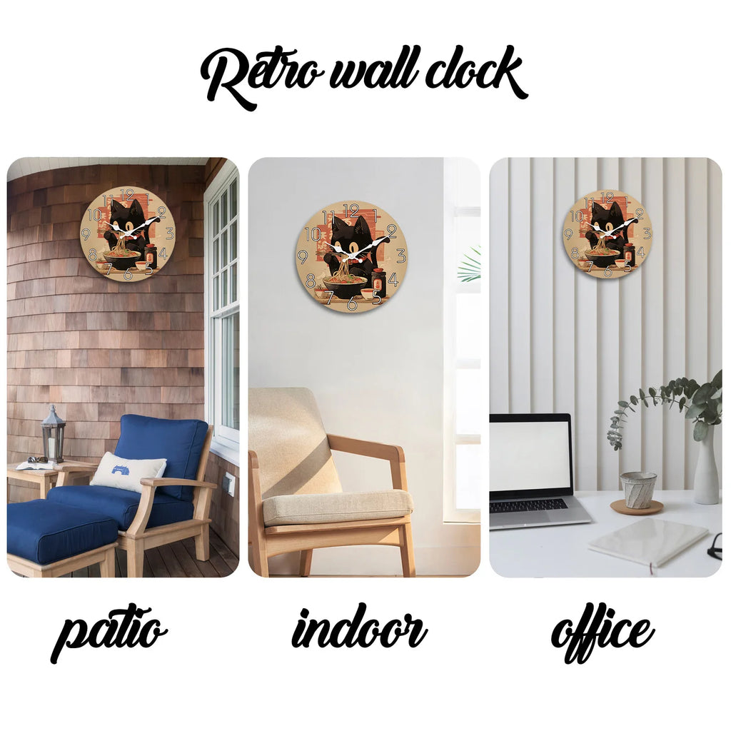 Retro Cute Black Cat Eating Ramen Wooden Wall Clock for Living Room, Bedroom, Kitchen, Home Decoration, Silent Quartz Clock, Holiday Gift, 10 inches, 12 inches, 14 inches 16inch (no battery)