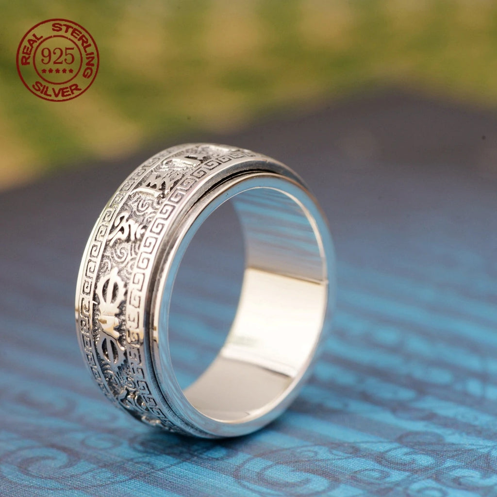 Factory Price S925 Sterling Silver Craft Mens Rings Rotable Stereoscopic Vintage Glossy Six-character Mantra Jewelry Gift