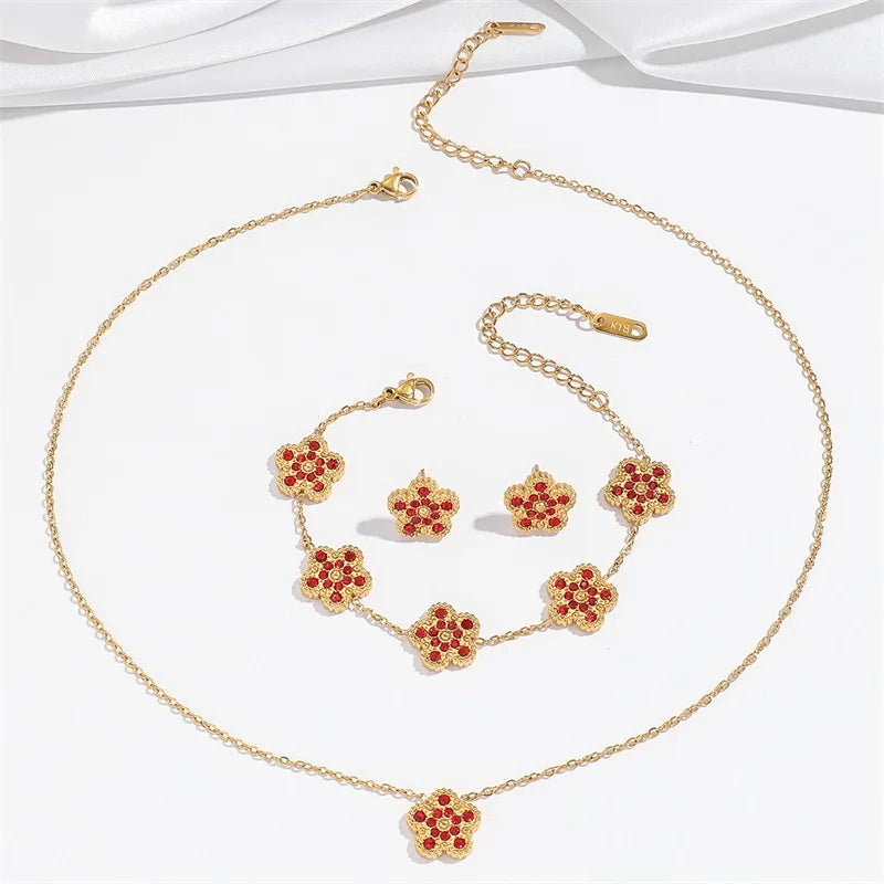 EILIECK New Fashion Stainless Steel White Zircon Clover Necklace Bracelet Earrings Set For Women Trendy Flower Jewelry Set Gift