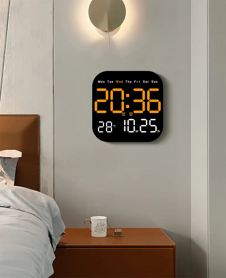 Digital Wall Clocks Temperature Date Week Dispaly Electronic Table Clock 12/24H Wall-mounted LED Alarm Clock Remote Control