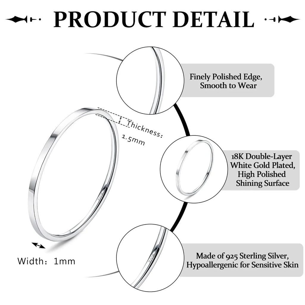 Fansilver S925 Sterling Silver Rings for Women Men 18K White Gold Plated Stackable Statement Thin Plain Thumb Ring Wedding Bands