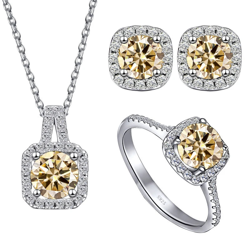 JoyceJelly S925 Sterling Silver jewelry for women 1 carat moissanite diamond 3 pieces set necklace ring earrings wedding party
