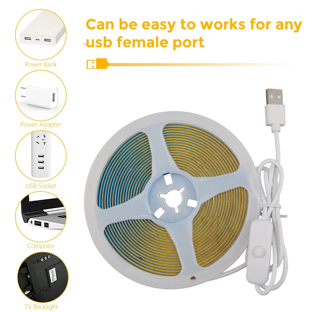 USB LED Strip Lights 5V 320LEDs/M Warm White COB LED Strip Flexible Lamp Tape DIY TV Mirror Backlight Kitchen Room Lighting