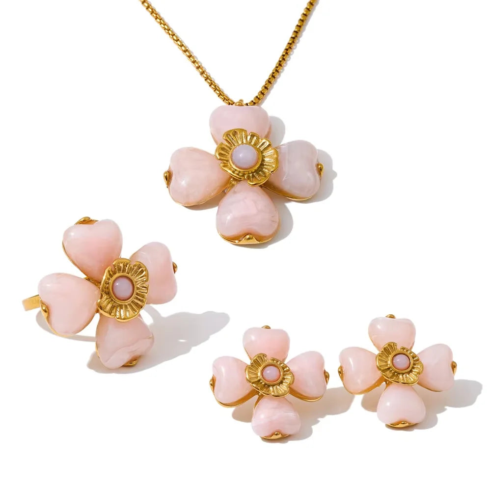 Yhpup Hot Style Acrylic Flower Pendant Necklace Earrings Ring Set for Women Stainless Steel Exquisite Jewelry Wholesale