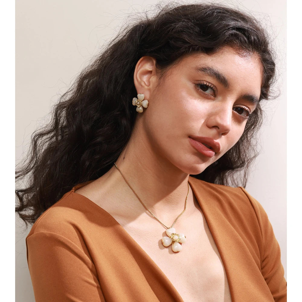 Yhpup Hot Style Acrylic Flower Pendant Necklace Earrings Ring Set for Women Stainless Steel Exquisite Jewelry Wholesale
