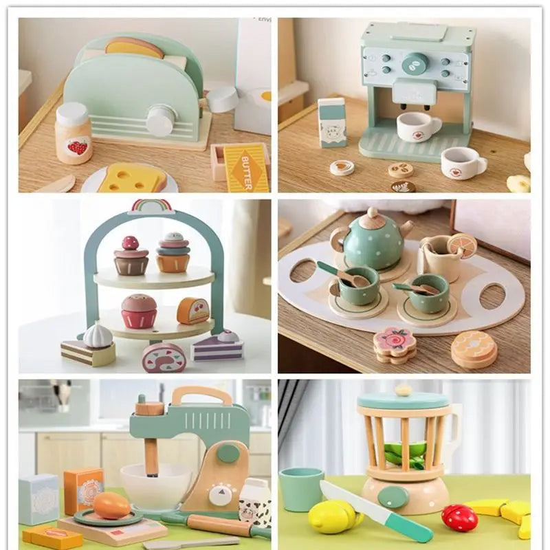 Girls Toys Wooden Afternoon Tea Set Children's Toy Kitchen  Pretend Play Set Toaster Coffee Maker Ice Cream Kids Educational Toy