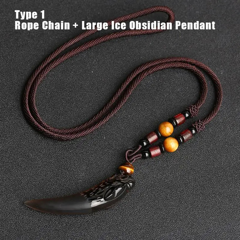 Natural Stone Black And Ice Obsidian Pendant Necklace Wolf Tooth Amulets And Talismans Couple Necklace For Women And Men