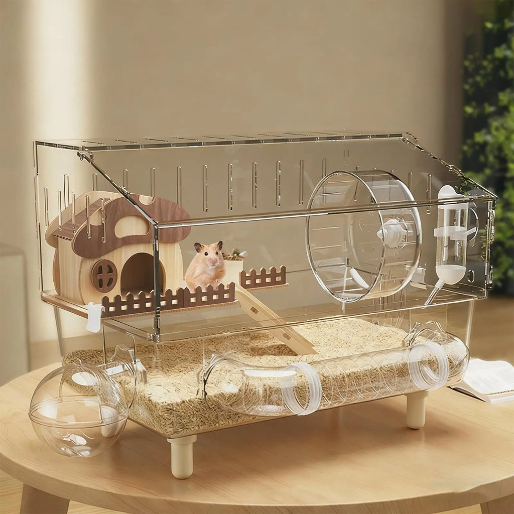Easy Clean Transparent Double Layer Hamster Cage Large Luxury Villa Exercise Wheel Tank Habitat Spacious House For Small Rodents