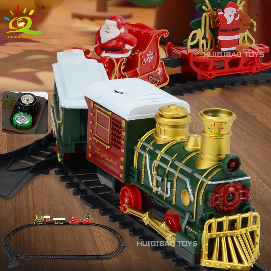 HUIQIBAO Christmas Tree Electric Train Tracks Set Santa Claus Cargo Cars With Xmas Sounds Lights Toys For Adult New Year Gift
