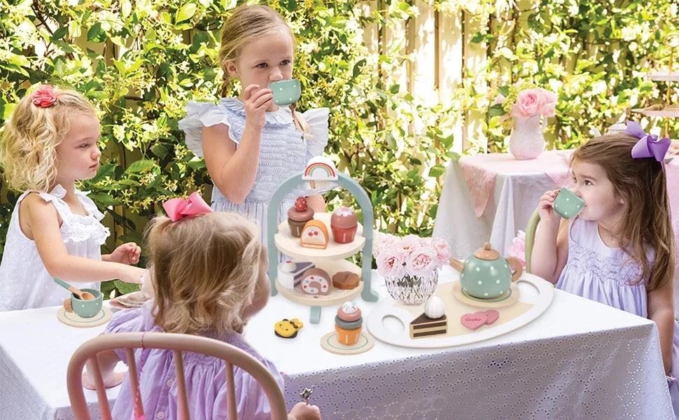 Girls Toys Wooden Afternoon Tea Set Children's Toy Kitchen  Pretend Play Set Toaster Coffee Maker Ice Cream Kids Educational Toy