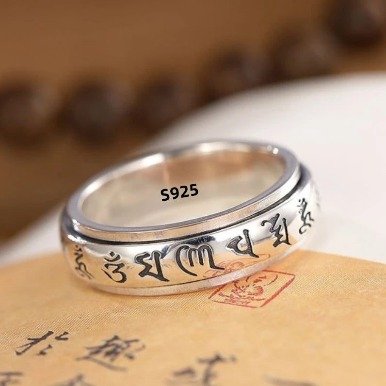 Factory Price S925 Silver Sanskrit Mantra Rotating Men's Ring Literary Simplicity Retro Personality Ring Jewelry Creativity Gift