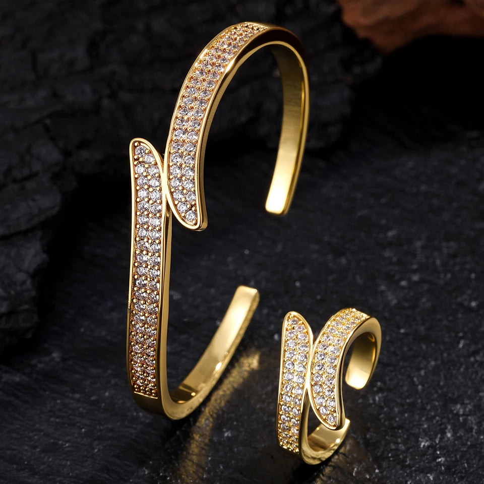 ZAKOL 9 Styles Golden Open Bracelet Ring Jewelry Set Geometric Shiny Zircon 18K Gold Plated Middle East Wedding Party Jewelry