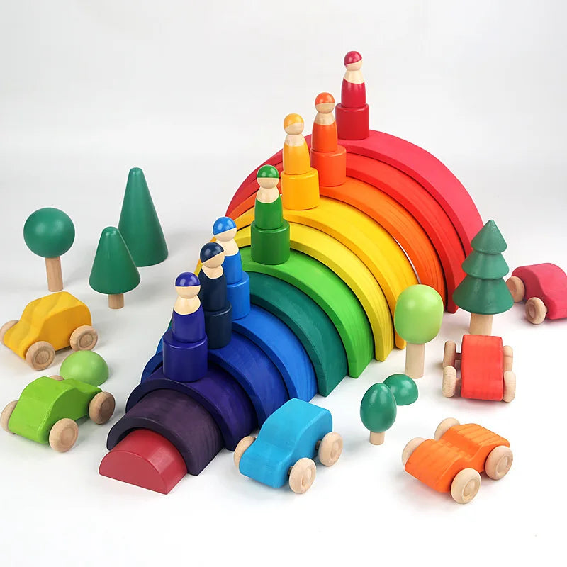 Wooden Rainbow Block Colorful Stacking Building Block Children Open-shaped Creative Building Blocks Montessori Educational Toy