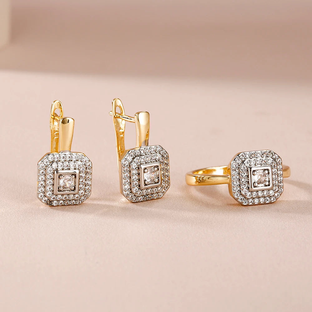 Square design inlaid zircon earrings ring copper plated 14K gold fashion jewelry set birthday party exquisite gift jewelry