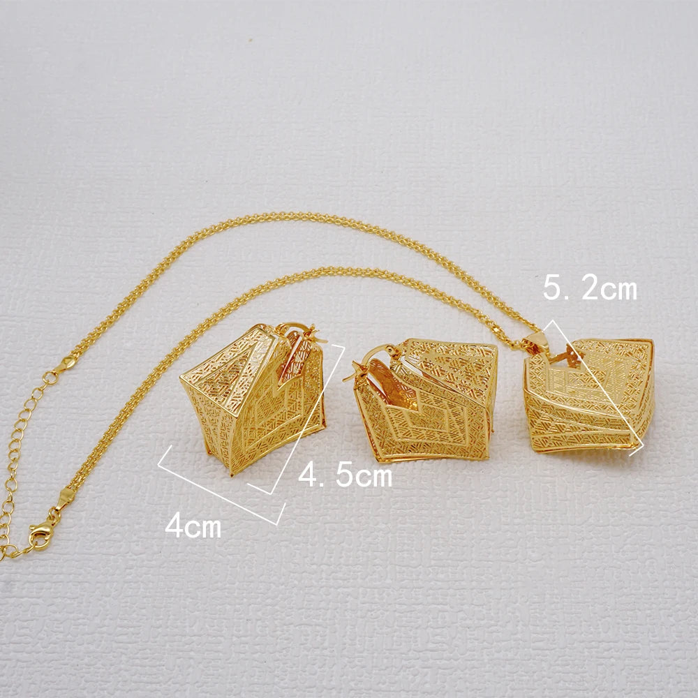 Fashion Dubai Jewelry Sets Gold Color Pendant Copper Classic Earrings Necklace For Women Daily Wear Party Anniversary Gifts