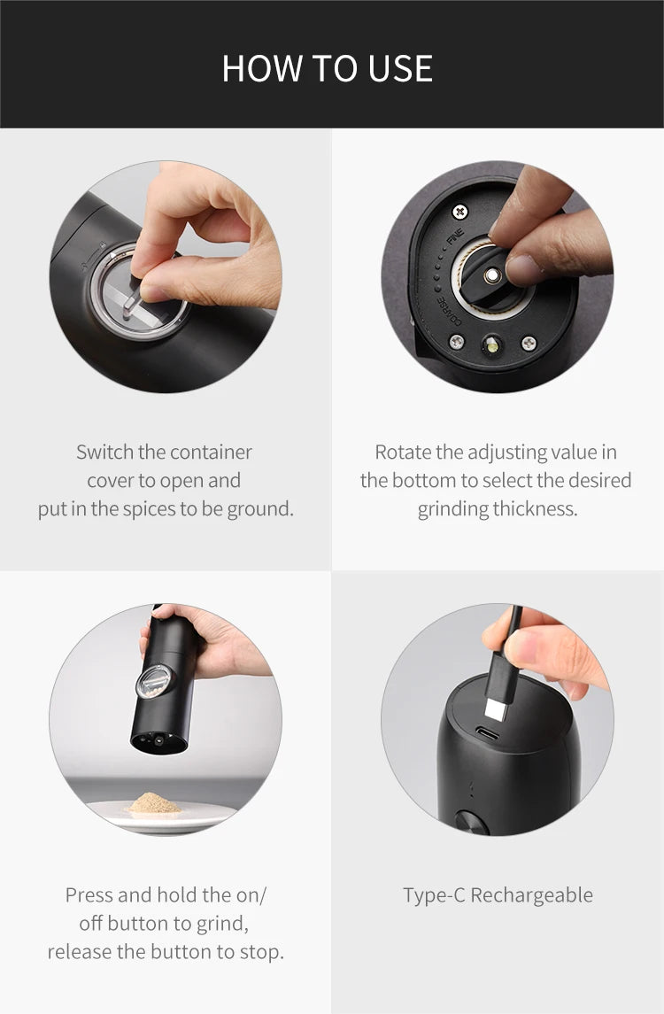 1/2pcs Automatic Pepper Grinder Salt And Pepper Grinder USB Rechargeable Adjustable Coarseness Spice Mill for Kitchen Tool