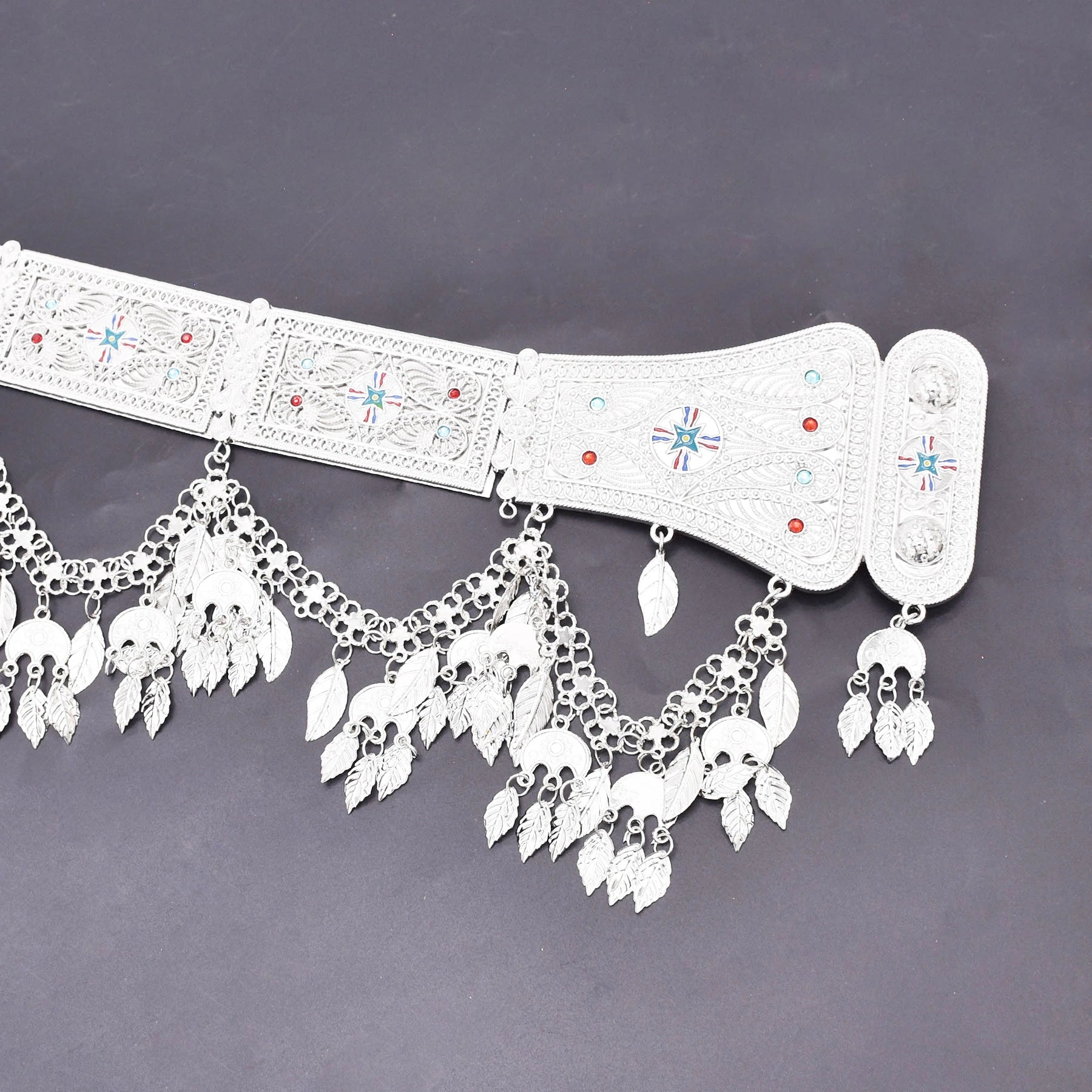Silver Plated Assyrian Belt Hair Accessories Earrings for Women Kurdish Assyria Ethnic Colorful Flag Leaf Tassel Jewelry Sets