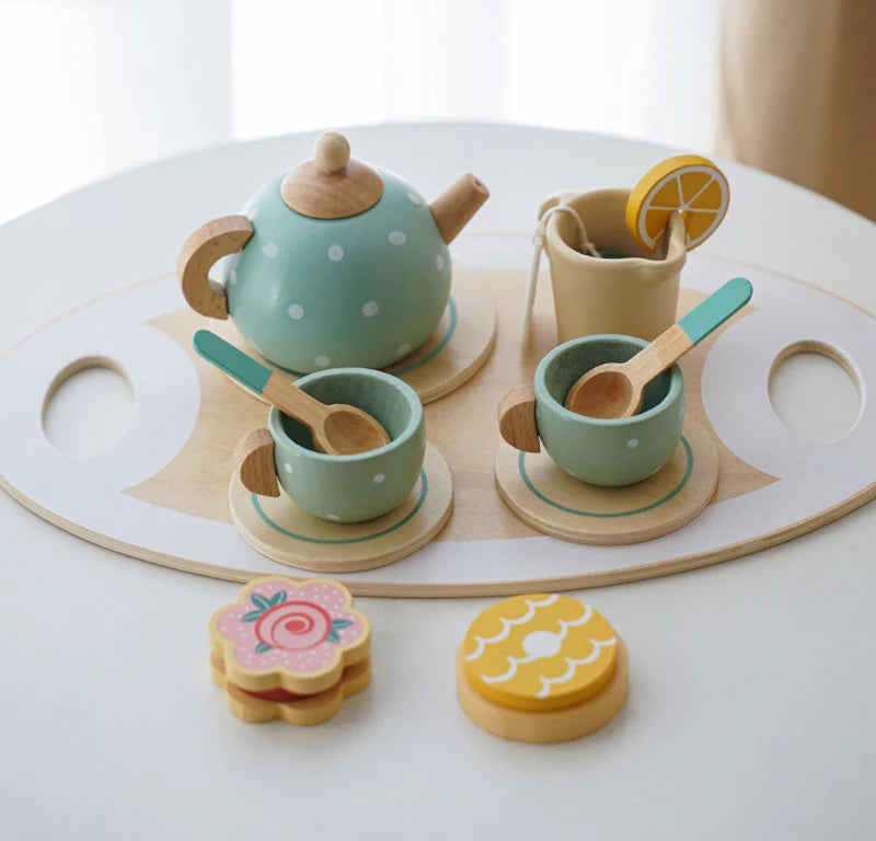 Kids Wooden Tea Set Play House Pretend Make Tea Play With Teapot Teacup Afternoon Snack Role Playing Toys Boys Girls Gift