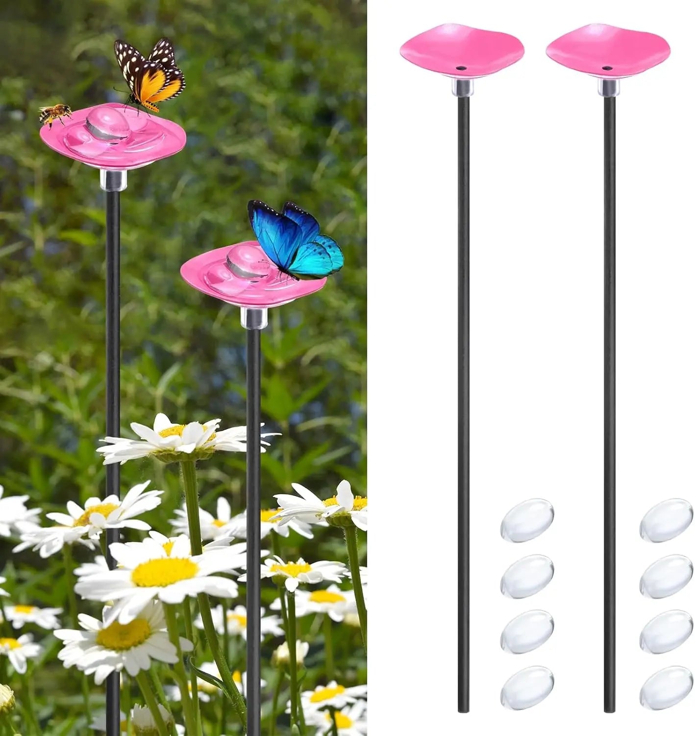 2Pcs Vibrant Floral Bee Water Station with Beads Outdoor Garden Insect Butterfly Drinking Cup Hummingbird Feeder Yard Art Decor