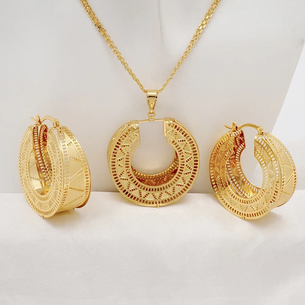 Fashion Dubai Jewelry Sets Gold Color Pendant Copper Classic Earrings Necklace For Women Daily Wear Party Anniversary Gifts