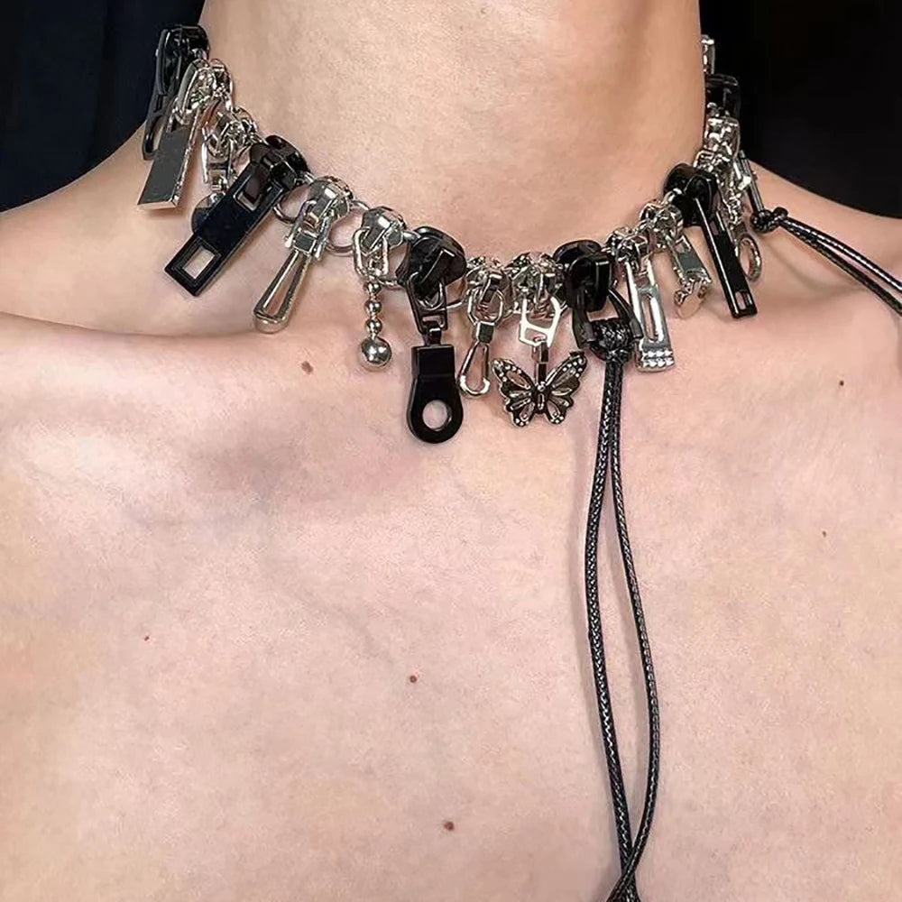 Cyber Punk Zipper Necklace Fringe Chain Head Y2k Hip Hop Choker Men's Women's Fashion Personality Jewelry Accessories