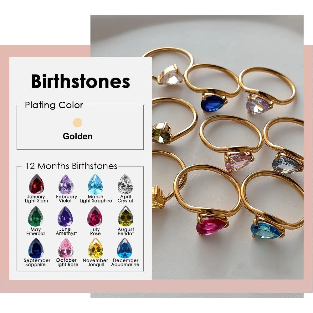 St-Delan Women's High-End Birthstone Ring 12 Colors Teardrop Zircon Ring Perfect Birthday Gift Jewelry Bulk Wholesale
