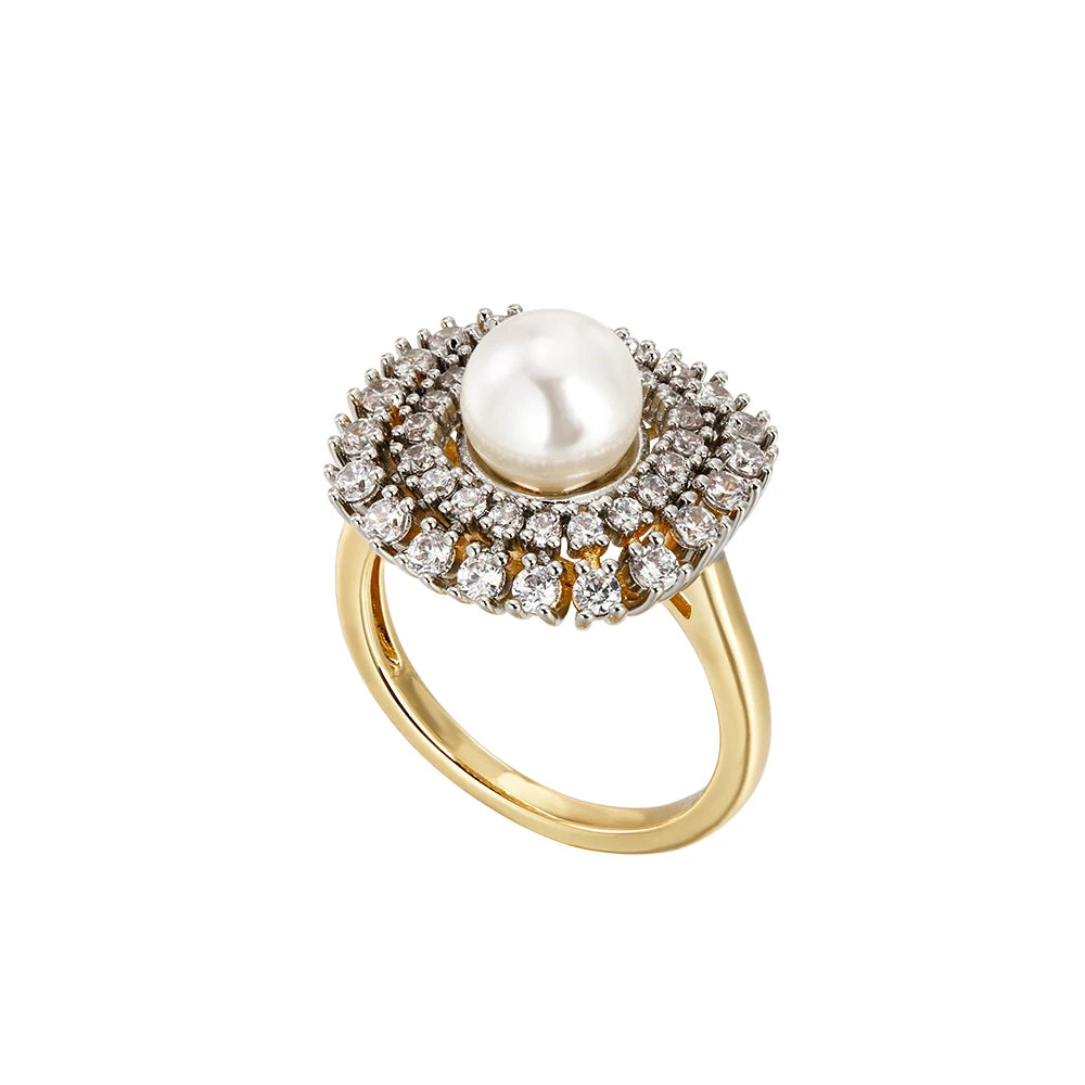 Women's Luxury Inlaid Zirconia Vintage Pearl Earrings Ring Set Copper Plated 14K Gold Fashion Jewelry Wedding Party Gift