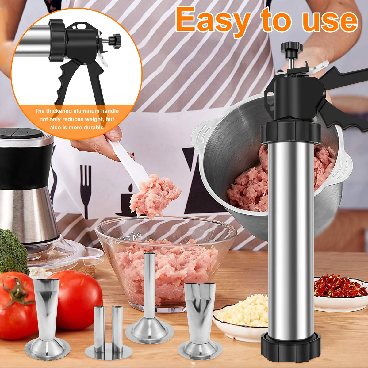 Stainless Steel Sausage Stuffer Jerky Gun Manaul Meat Syringe Home Made Homemade Sausage Tool for Home Kitchen Jerky Stuffer Kit