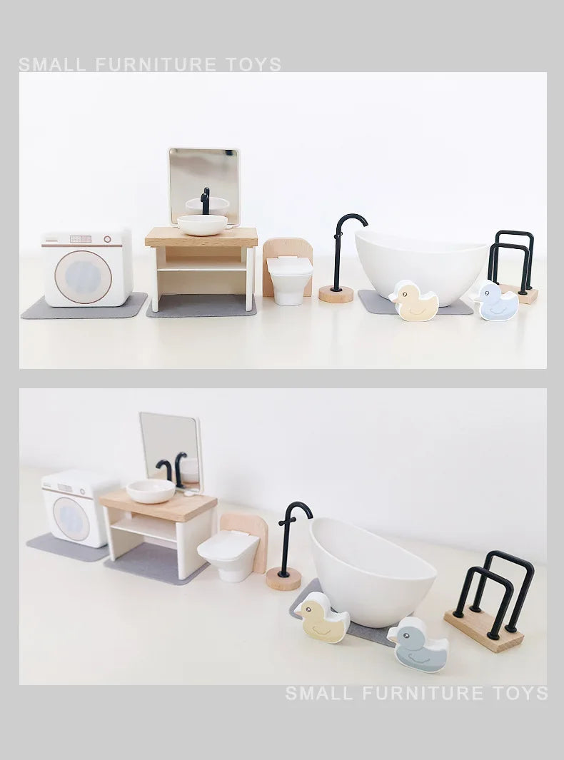 Wooden Play House Toy Set Mini Dollhouse Simulated Furniture Decoration Set Bedroom Kitchen Items Table And Chairs Accessorie