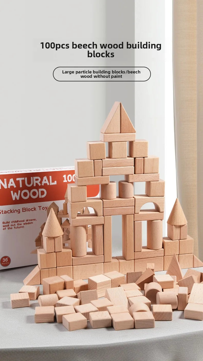 Kawaii 100Pcs Unpainted Beech Wooden Large Building Blocks Toddler Stacking Construction Preschool Educational Gift