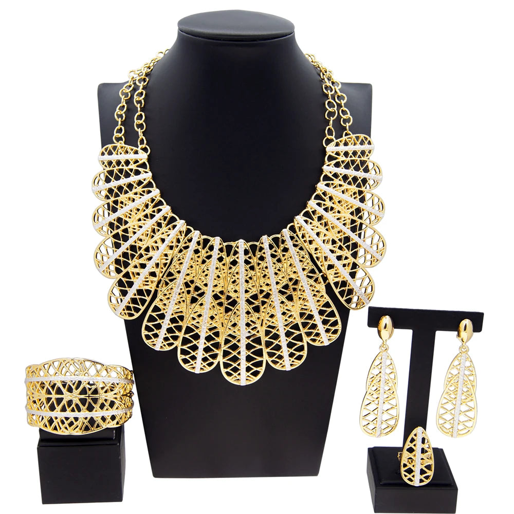 Italian Jewelry Sets For Women Gold Plated Necklace Cutout Feather Designer Style Open Bracelet Earrings Dinner Party Bijoux