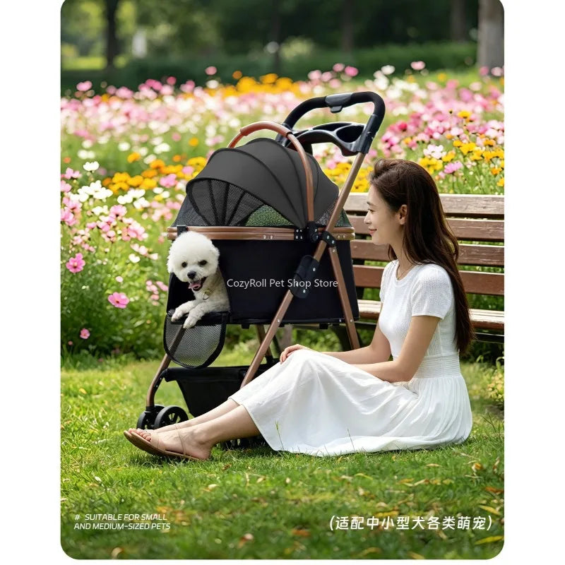 Lightweight Small Pet Stroller for Dogs & Cats 50 Lbs Capacity Aluminum Alloy Puppy Stroller with Detachable Storage Basket