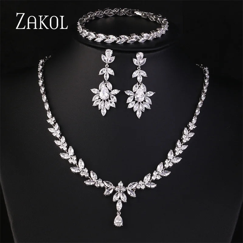 ZAKOL Luxury Cubic Zirconia Necklace Earrings Rings Set for Women Shinny Water Drop Leaf CZ Bridal Wedding Jewelry Sets