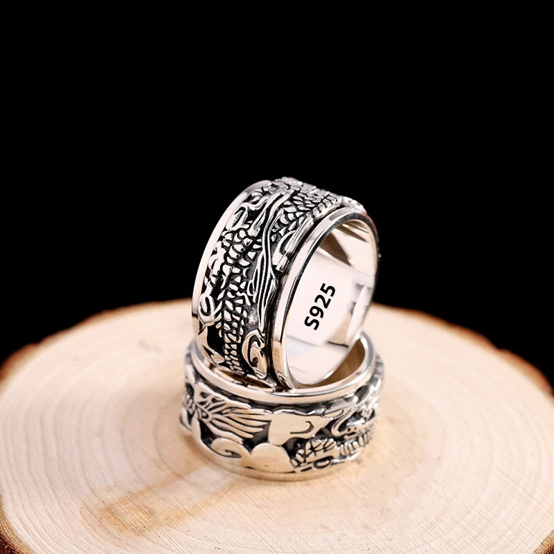 12mm Width Real S925 Sterling Silver Lucky Dragon Double Layer Rotatable Closed Dragon Ring For Man Woman Fiine Jewelry Gift