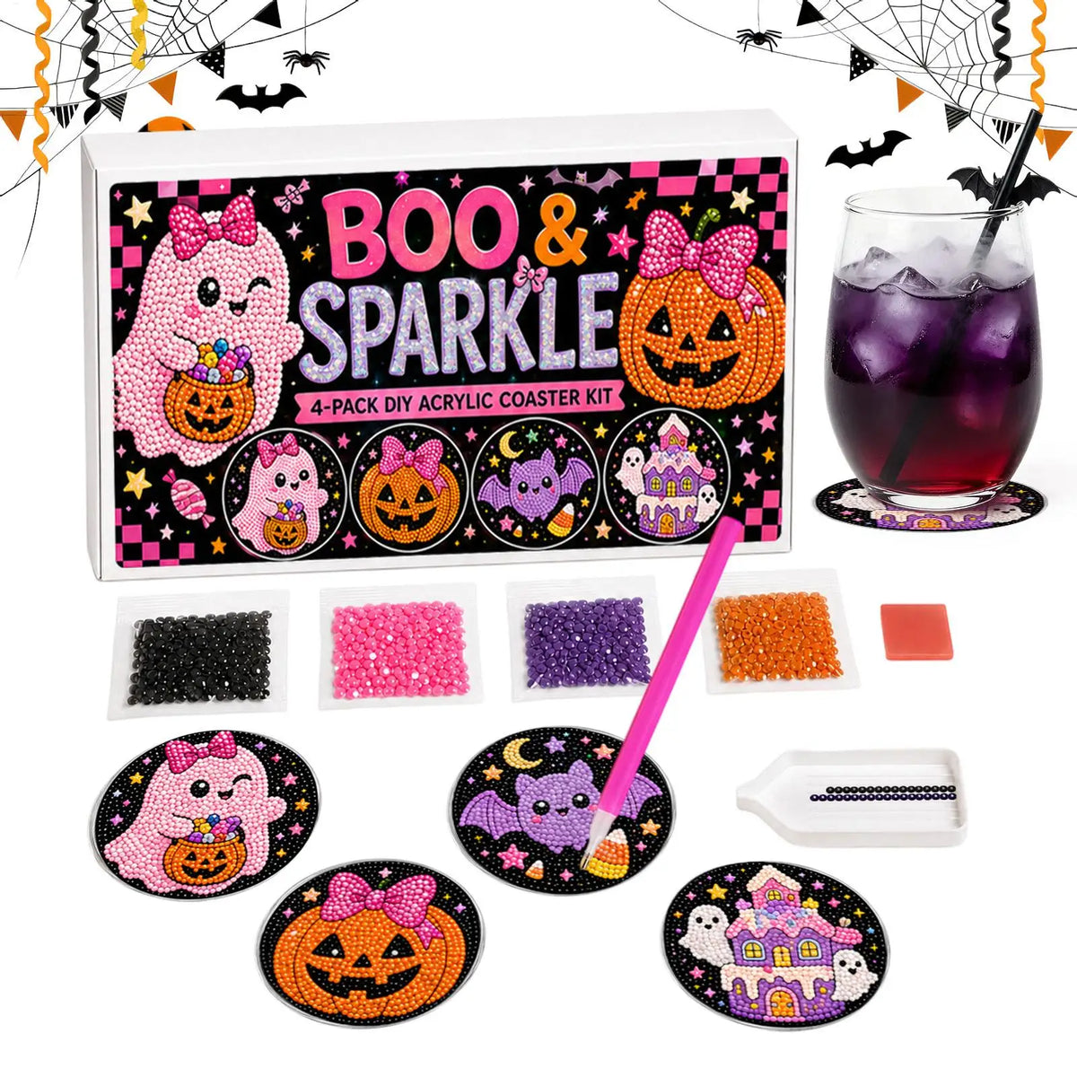 Halloween Pearl Painting Bead Kit DIY Spooky Ghost Witch Acrylic Non-Slip Coaster Making Pearl Art Craft Set for Adults Beginner