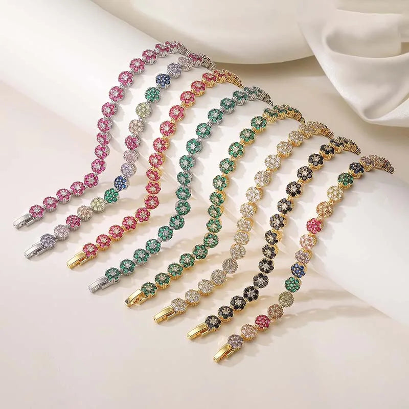 HECHENG, Flowers Colourful Zircon Necklace Bracelet ,Fine Jewelry Brass 18K Real Gold Plated Romantic Gift For Women