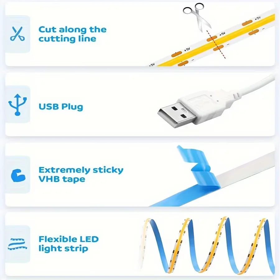 1m-5m USB COB LED Strip Light 5V 320LEDs/m DIY TV Mirror Backlight Flexible Ribbon Tape Touch Sensor Dimmable Kitchen Room Lamp